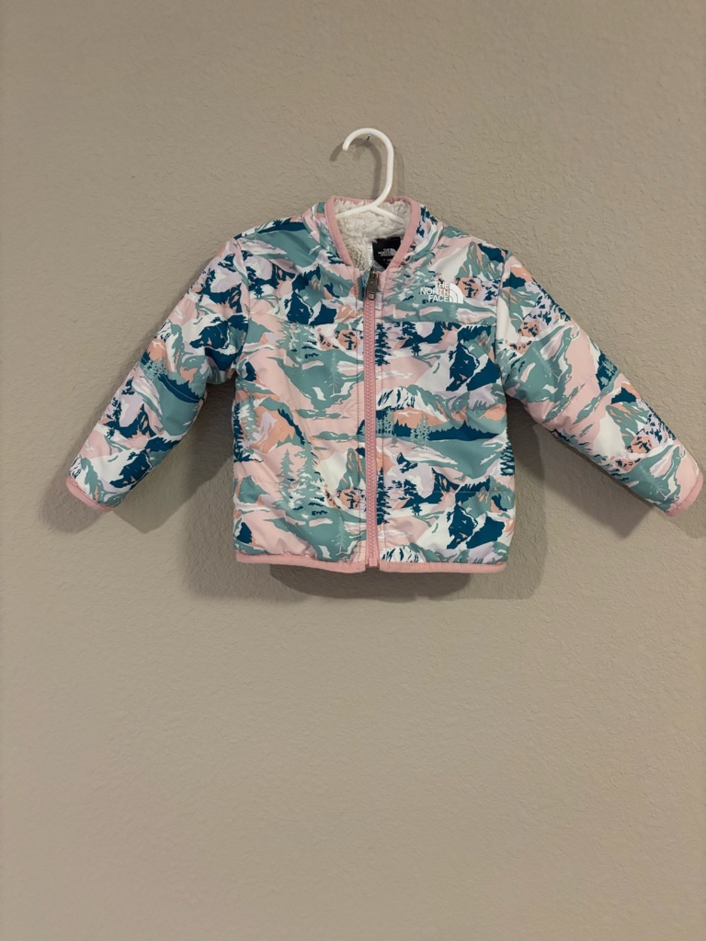 The North Face Pink Teal Mountain Print Infant Jacket